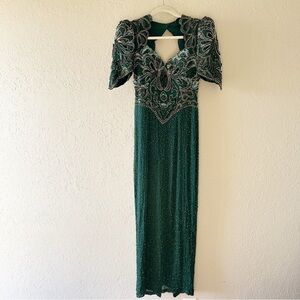Landa Vintage 80’s Green 100% Silk Beaded Sweetheart Puff Sleeve Gown